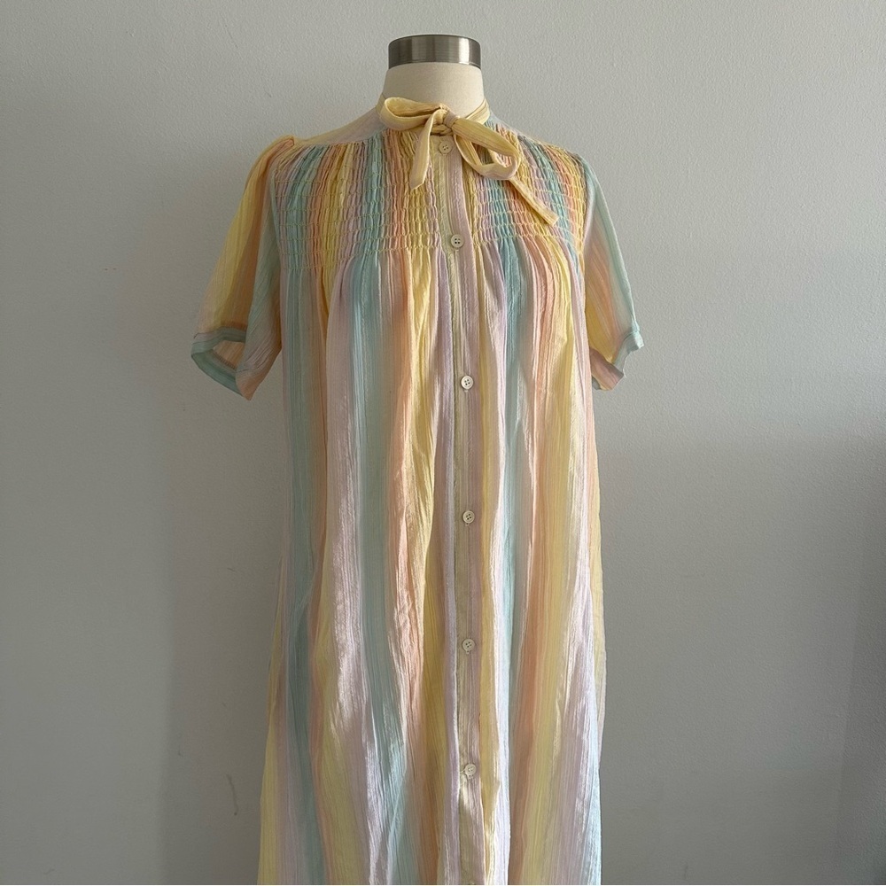 Rare Vintage Christian Dior Rainbow Striped Lounge Dress Tie Bow Neck XS-M